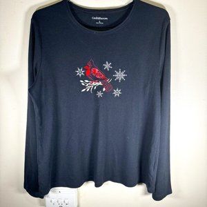 Croft and Barrow Women's L Black Top with Cardinal Bird and Snowflake Pattern.